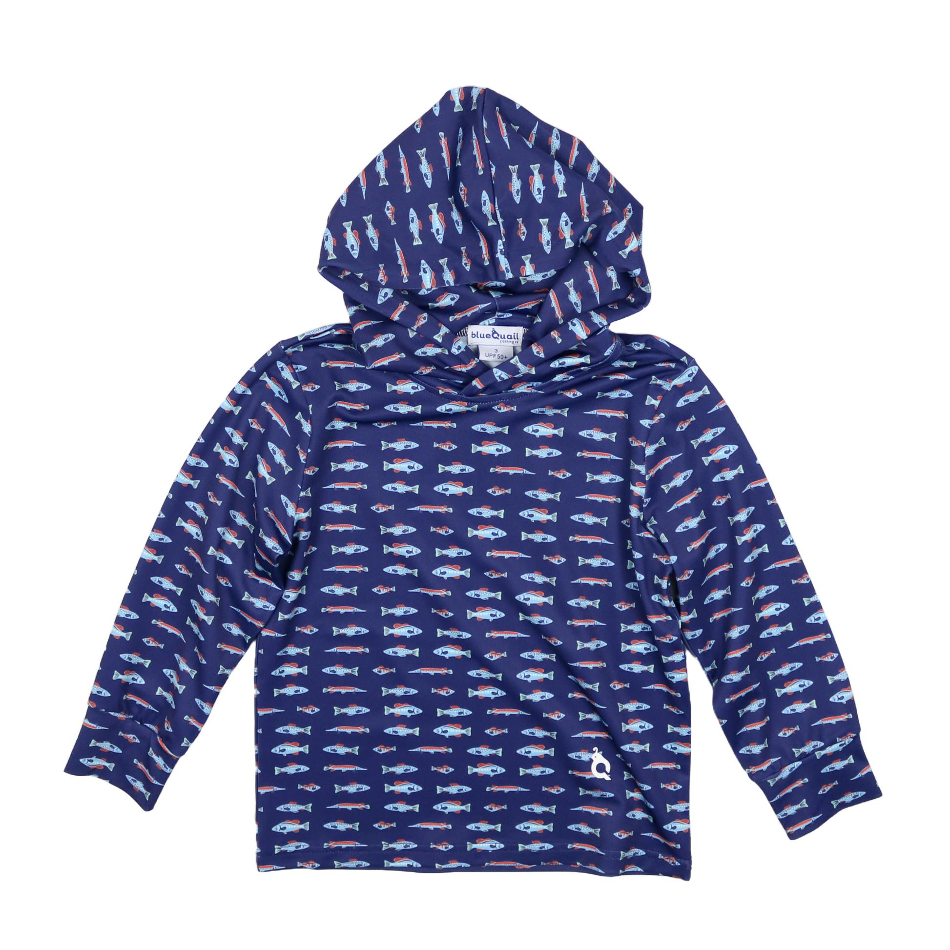 Blue hoodie with fish pattern on a white background
