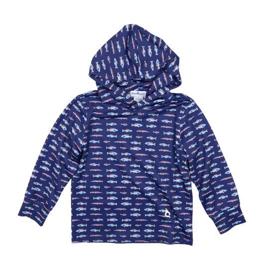 Blue hoodie with fish pattern on a white background