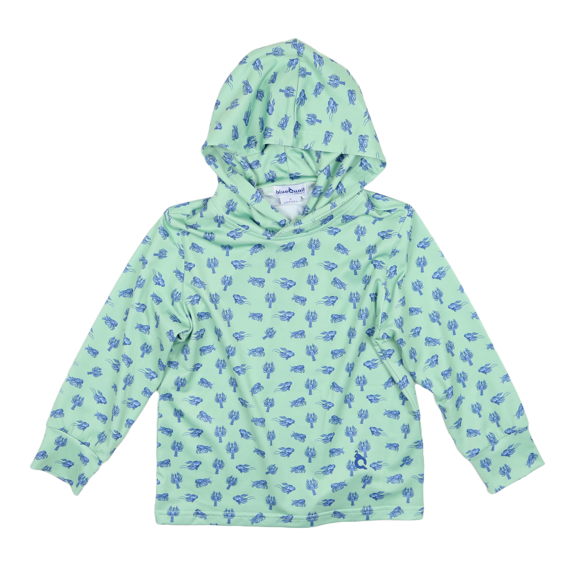 Green hoodie with blue crawfish pattern on a white background