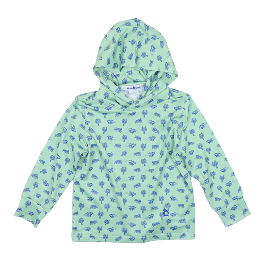Green hoodie with blue crawfish pattern on a white background