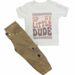 Children's t-shirt with 'Spooky Little Dude' text and khaki pants