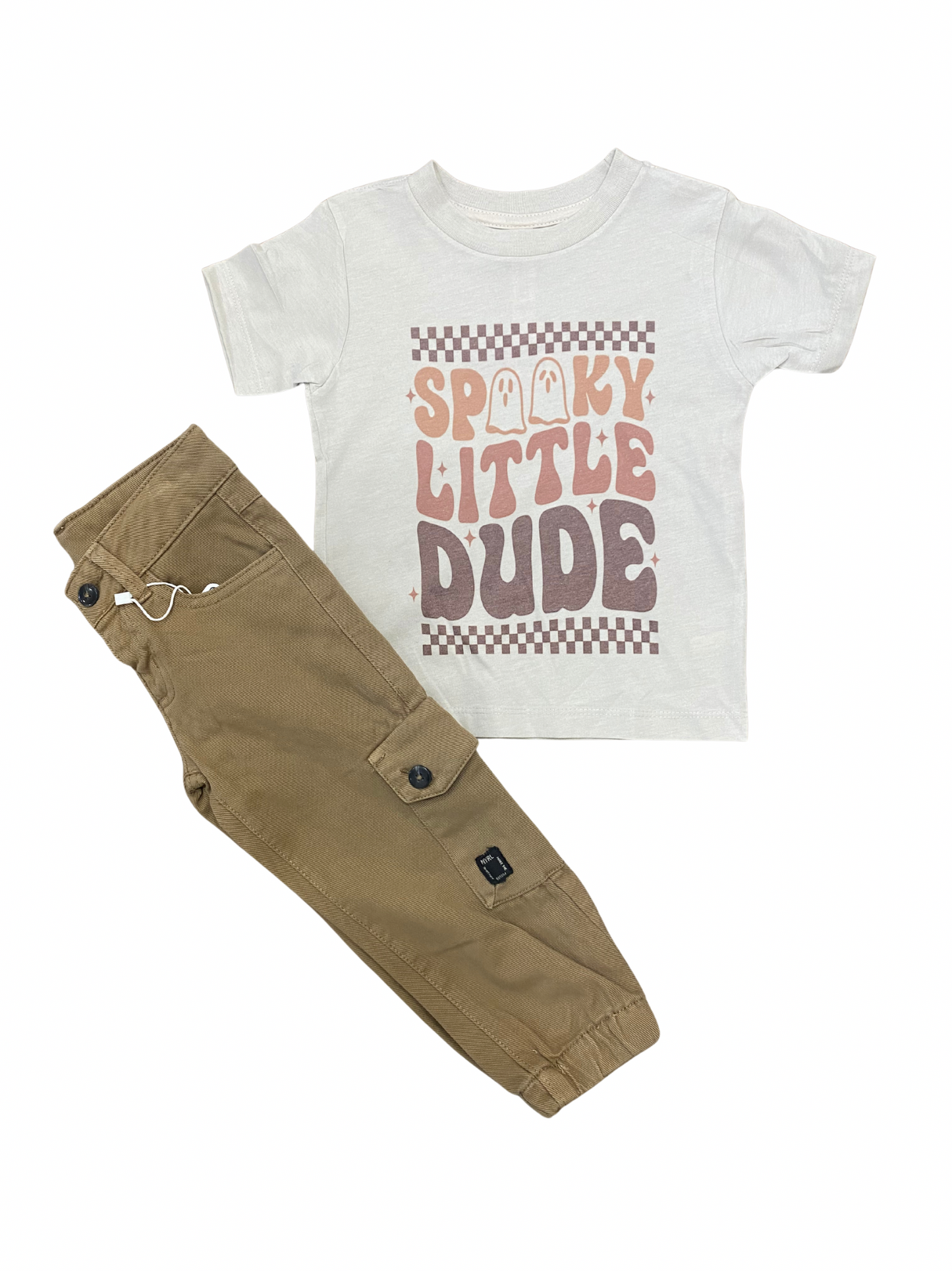 Children's t-shirt with 'Spooky Little Dude' text and khaki pants