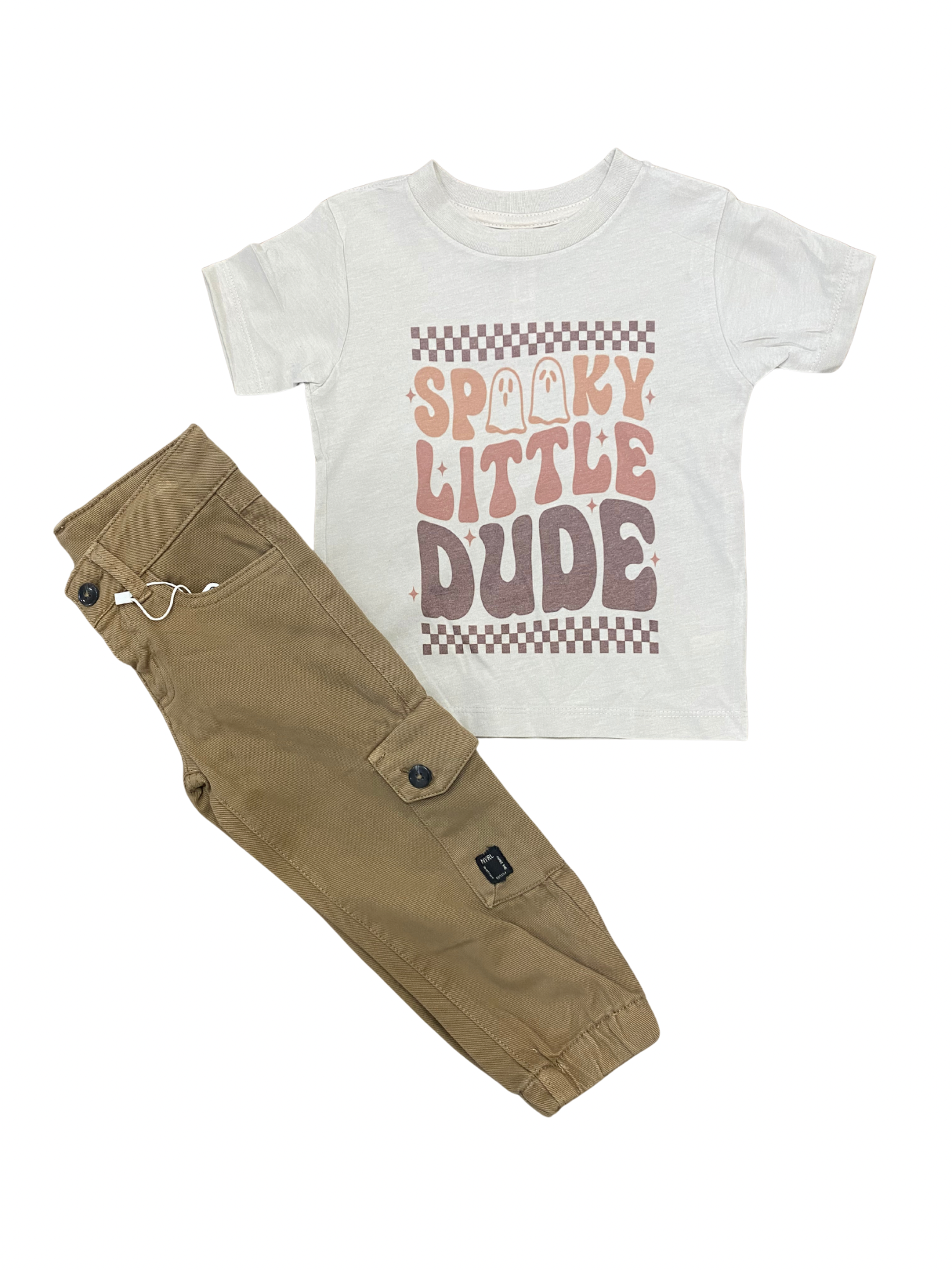 Children's t-shirt with 'Spooky Little Dude' text and khaki pants
