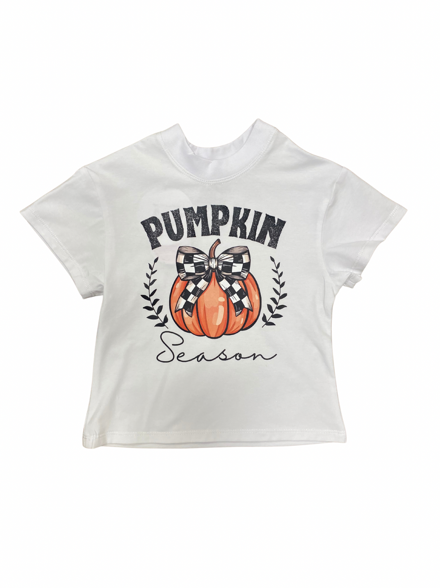 White t-shirt with 'Pumpkin Season' graphic on a white background