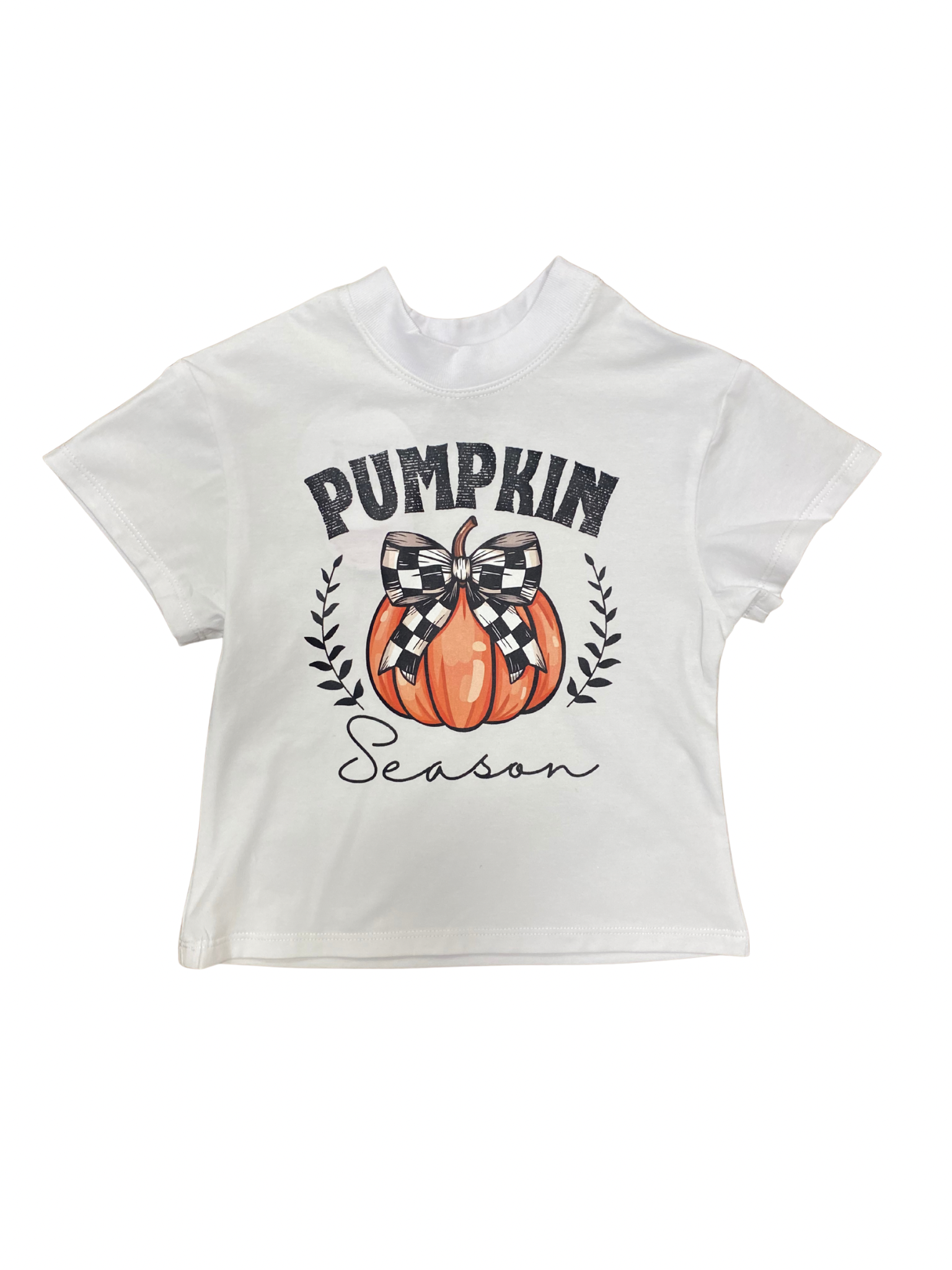 White t-shirt with 'Pumpkin Season' graphic on a white background