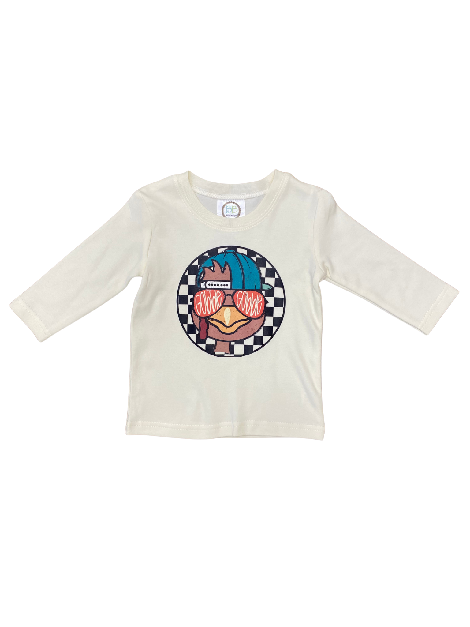 Long-sleeve shirt with a colorful Turkey graphic on a white background