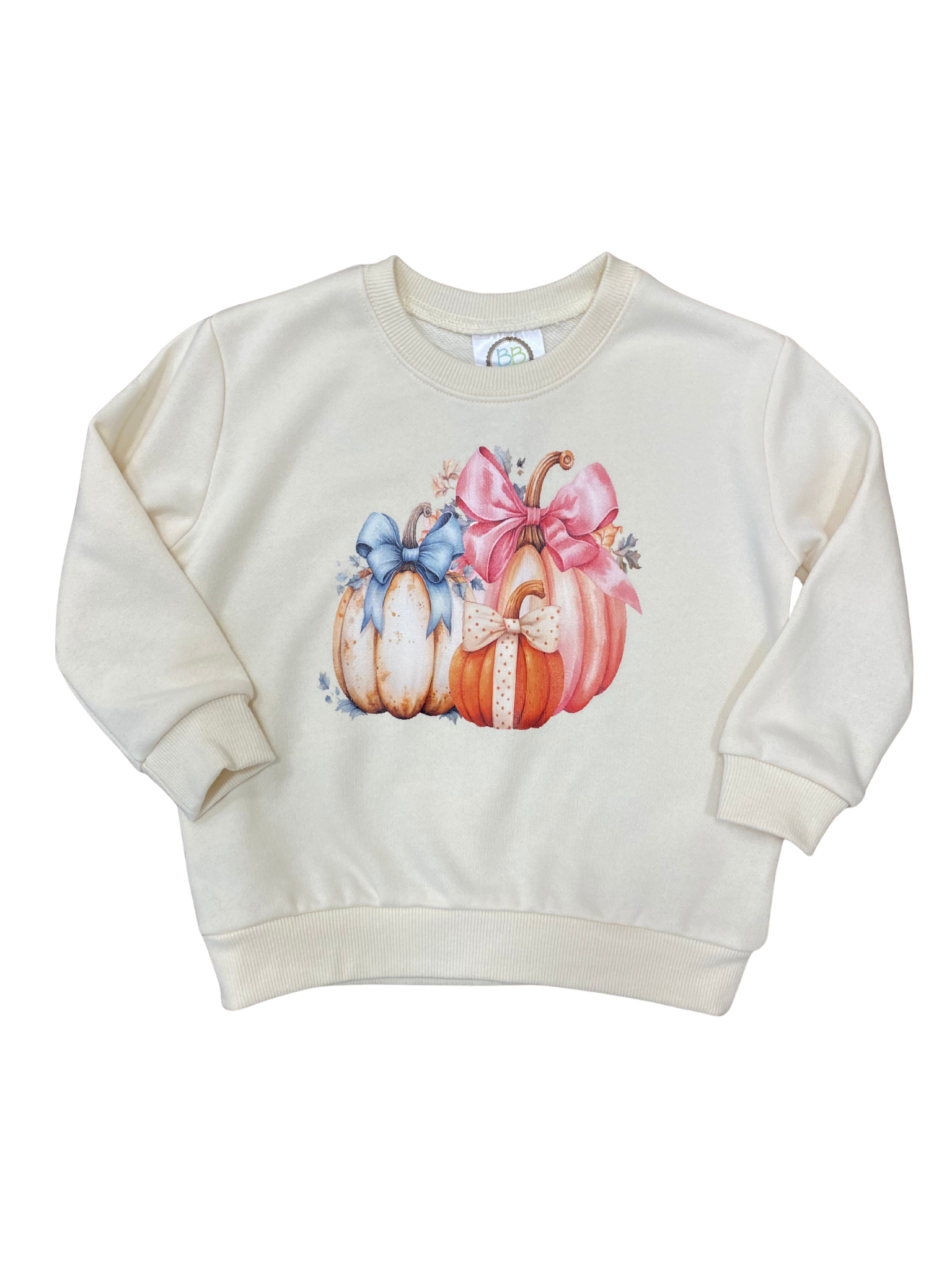 Beige sweatshirt with pumpkins and bows design on a white background