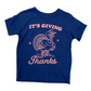 Blue t-shirt with a turkey graphic and text on a white background