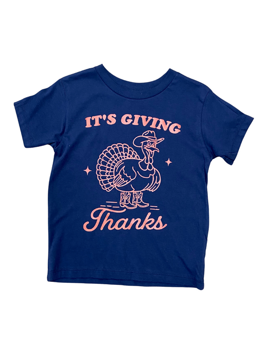 Blue t-shirt with a turkey graphic and text on a white background