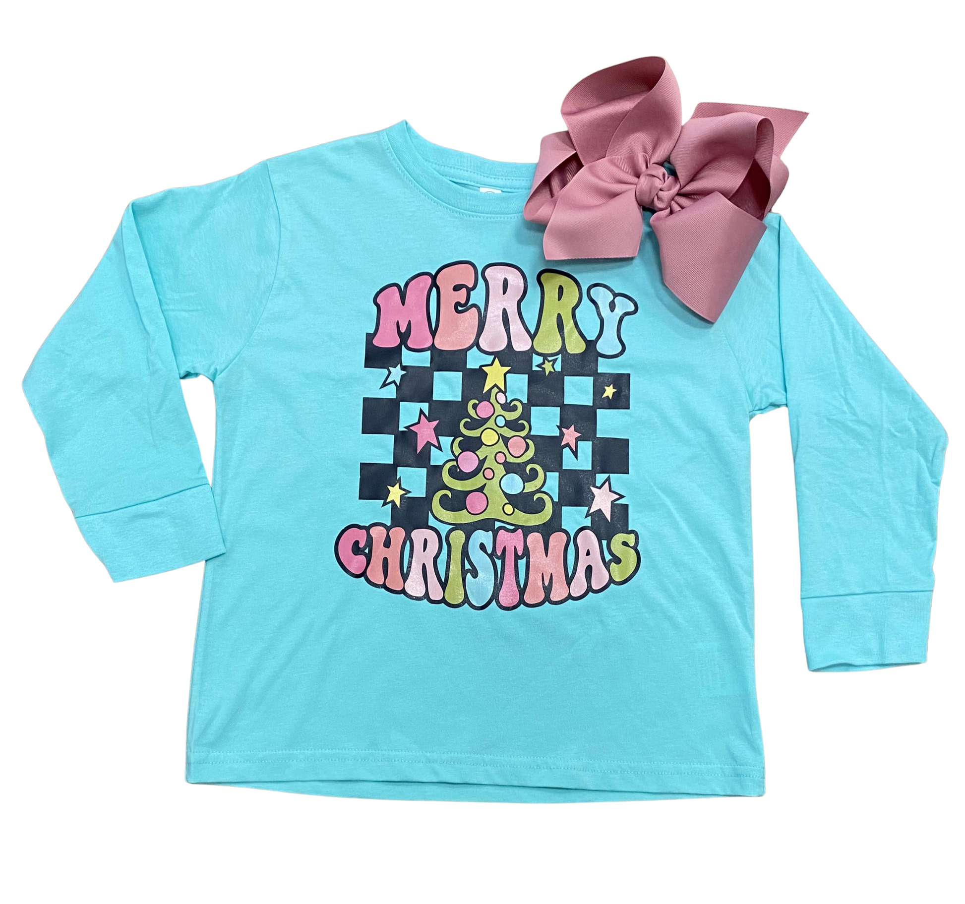 Turquoise long-sleeve shirt with 'Merry Christmas' design 