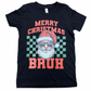Black t-shirt with Santa Claus graphic and 'Merry Christmas Bruh' text 