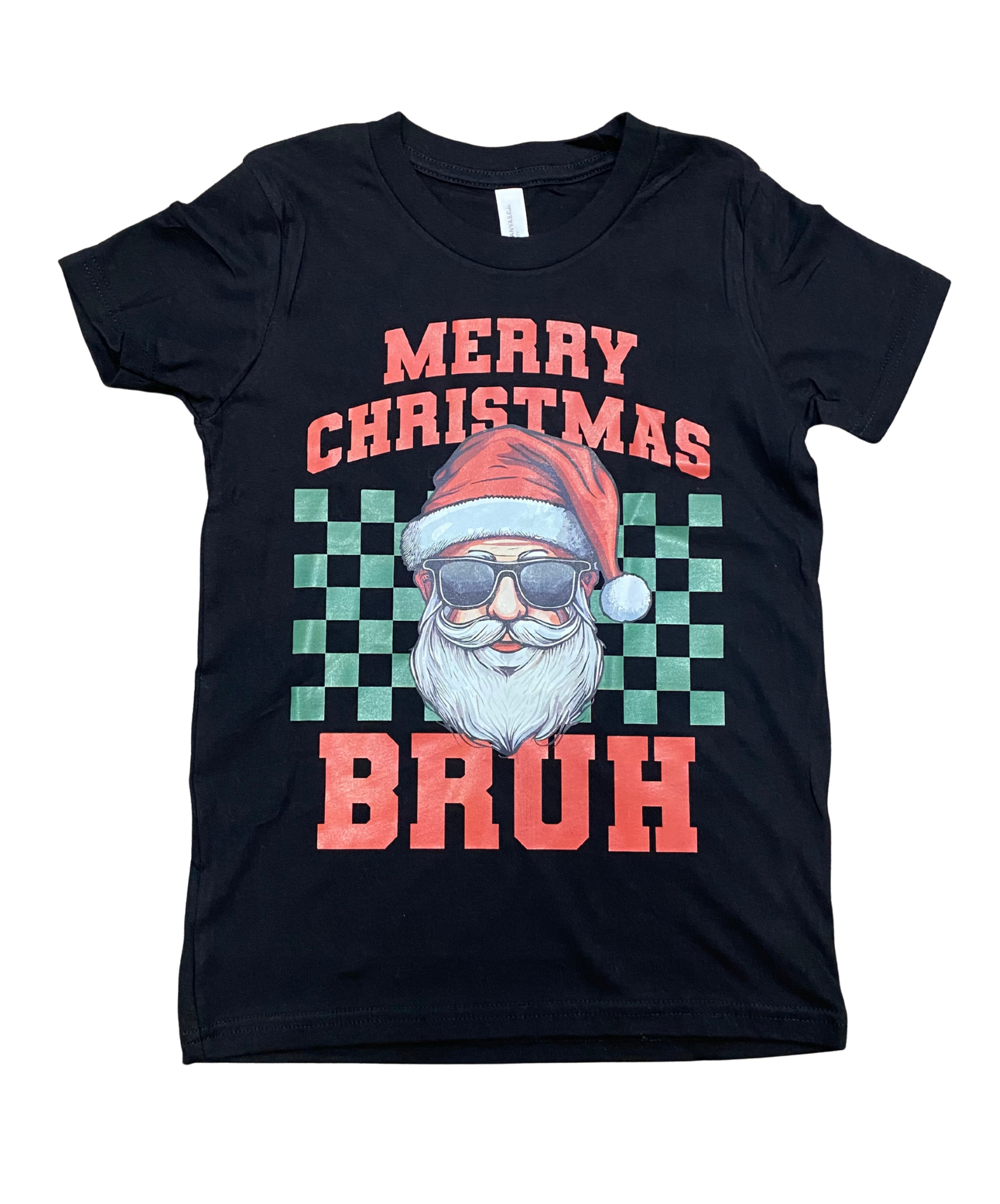 Black t-shirt with Santa Claus graphic and 'Merry Christmas Bruh' text 