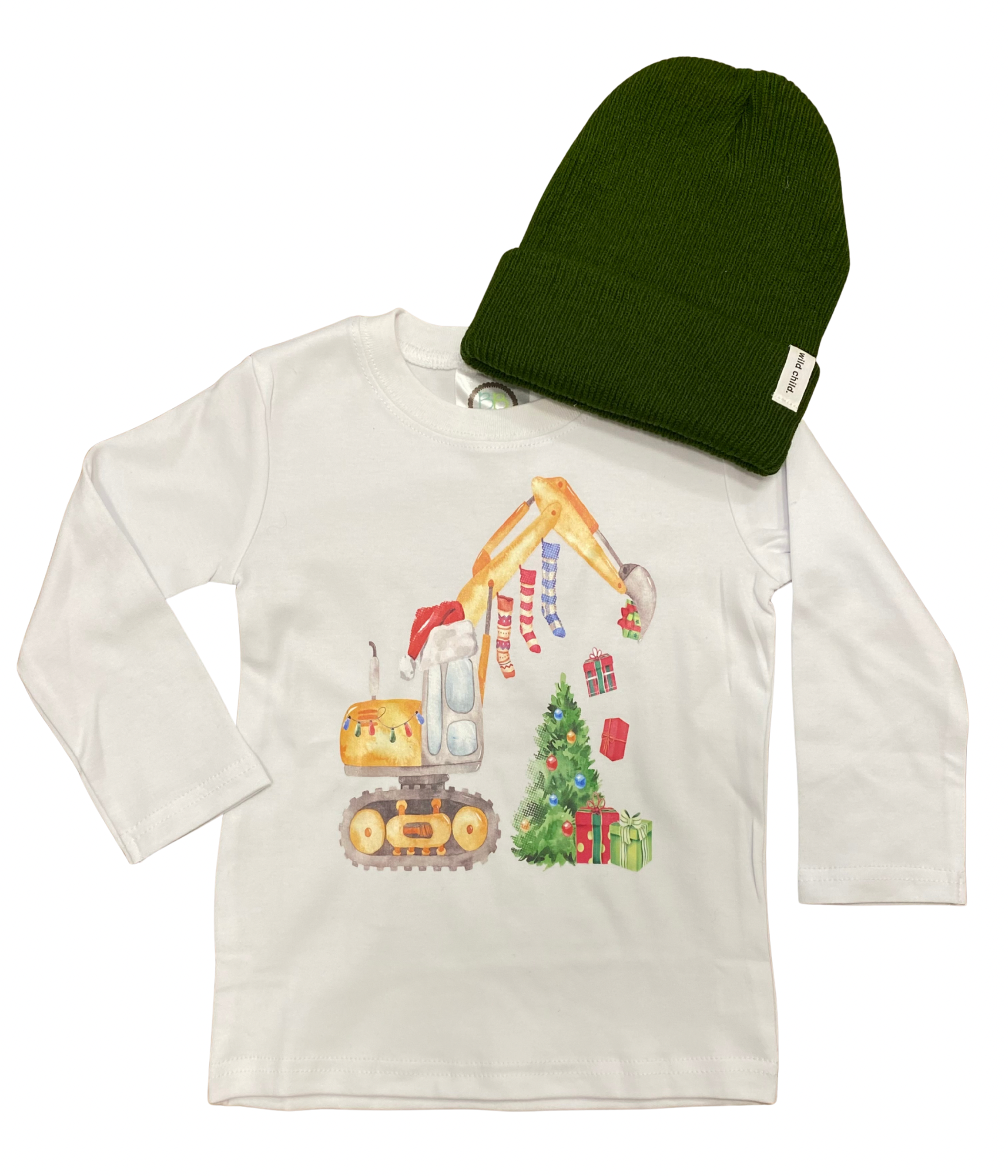 White long-sleeve shirt with Christmas-themed design 