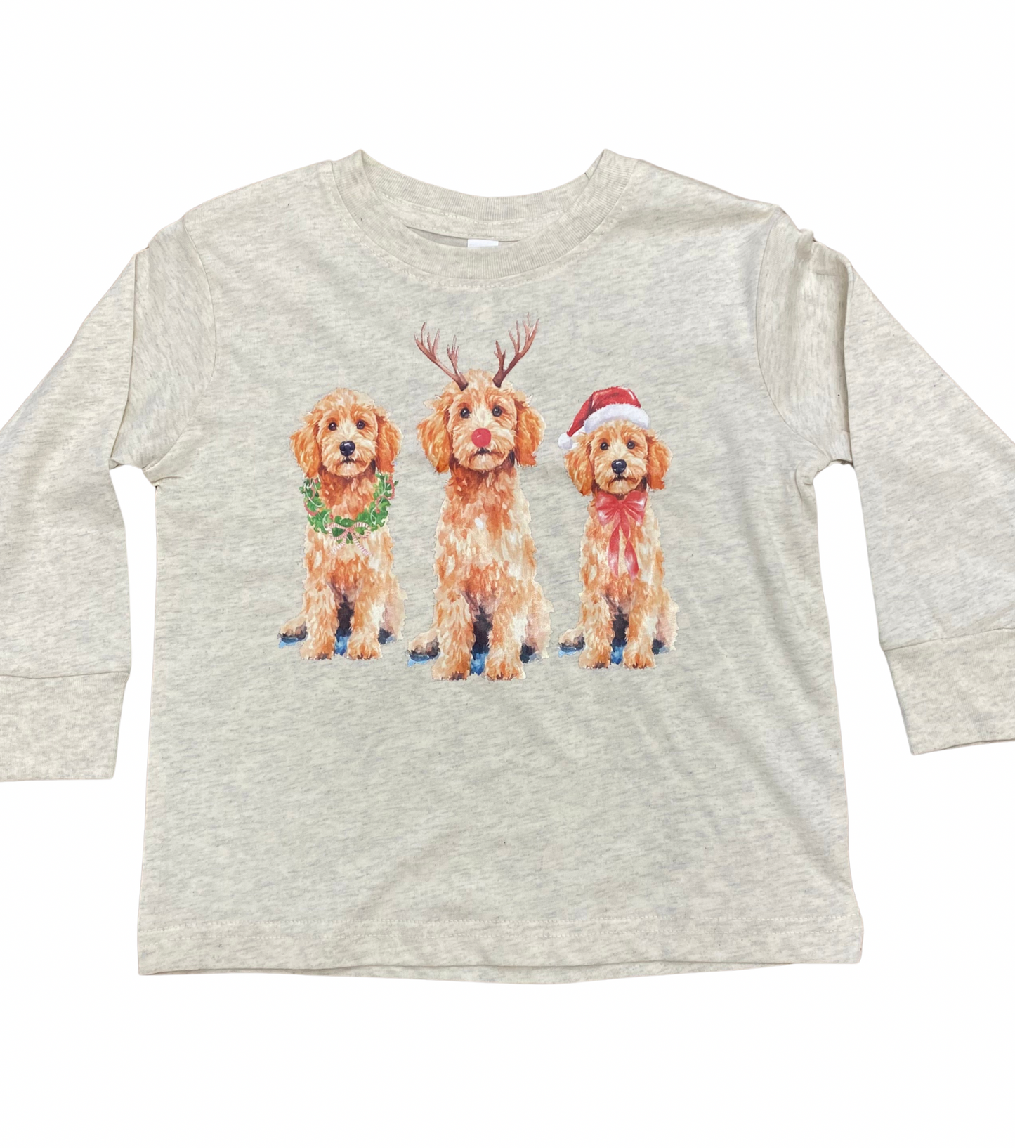 Long-sleeve shirt with three cartoon dogs wearing Christmas accessories
