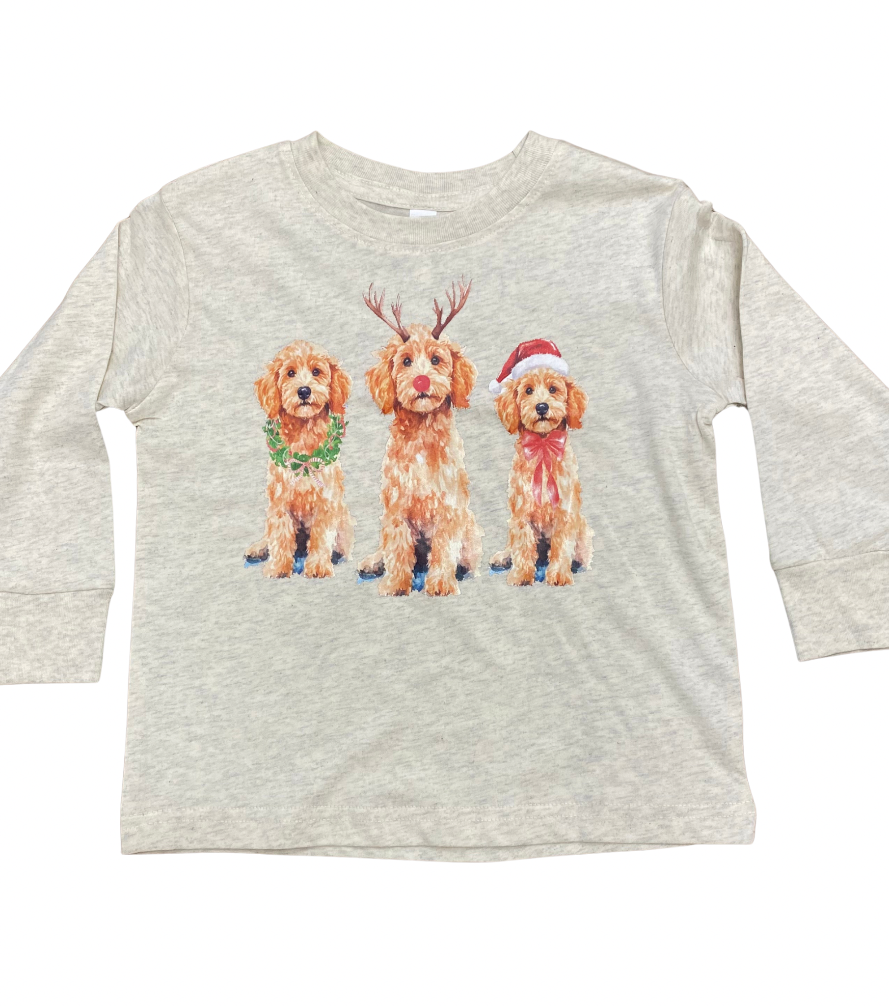 Long-sleeve shirt with three cartoon dogs wearing Christmas accessories