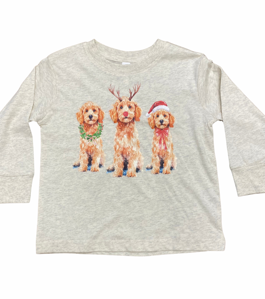 Long-sleeve shirt with three cartoon dogs wearing Christmas accessories