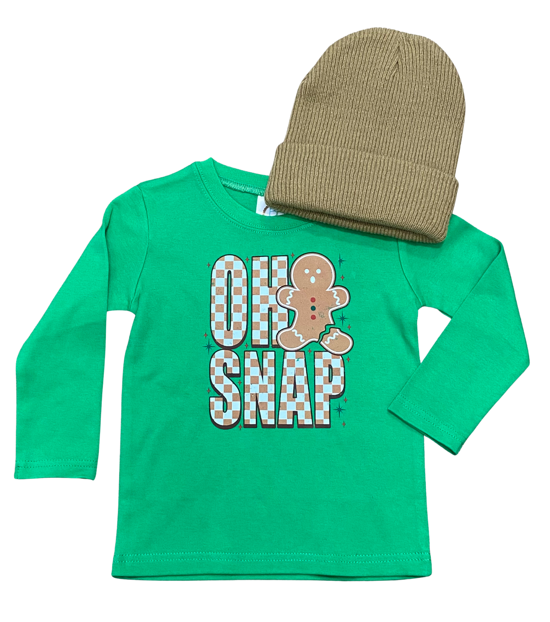 Green long-sleeve shirt with 'Oh Snap' and gingerbread man design
