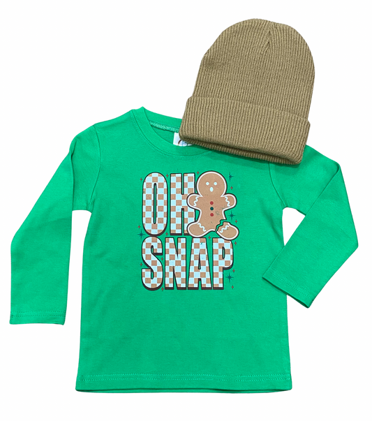 Green long-sleeve shirt with 'Oh Snap' and gingerbread man design