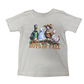 A light gray short-sleeve t-shirt with a 'Boys of Fall' graphic featuring four cartoon characters in autumn costumes, laid flat on a brown wood plank background.