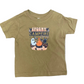 A toddler's olive green short-sleeve t-shirt with a 'Spooky Campfire Stories' graphic, laid flat on a brown wood-grain surface.