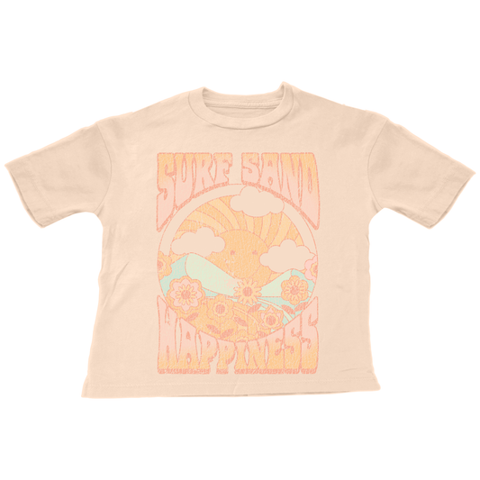 coral graphic tee with “surf Sand Happiness” written details