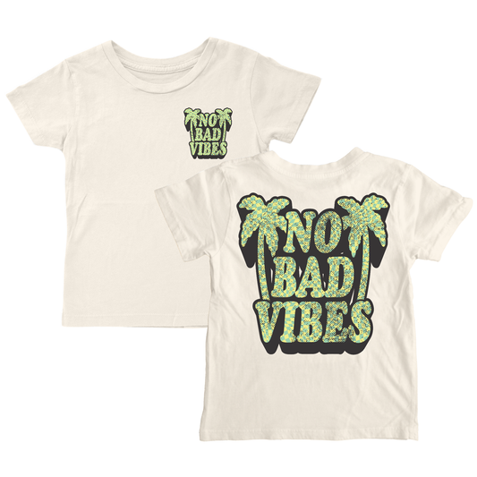 Ivory tee with “NO Bad Vibes” design