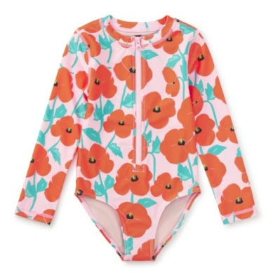 Floral patterned swimsuit with orange flowers 