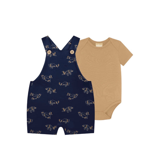 Navy blue romper with airplane pattern and beige onesie 