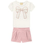 White tee with pink embroidery detail and pearls 