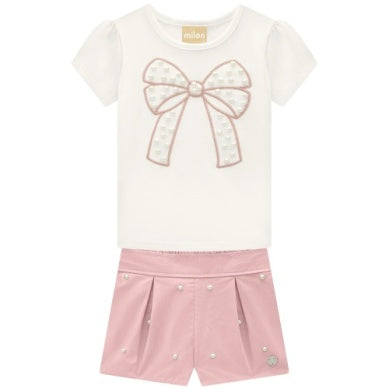 White tee with pink embroidery detail and pearls 