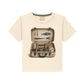 Beige t-shirt with a graphic of an open suitcase with fishing supplies