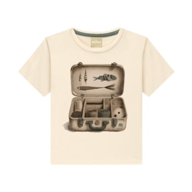 Beige t-shirt with a graphic of an open suitcase with fishing supplies