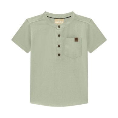 Light green short-sleeve henley shirt with brown buttons