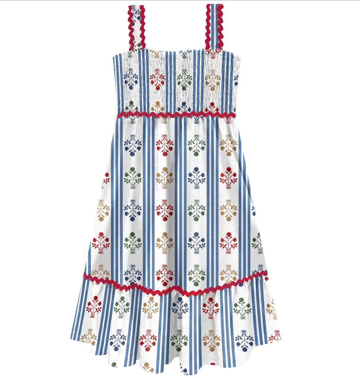 Dress with blue stripes and floral patterns 