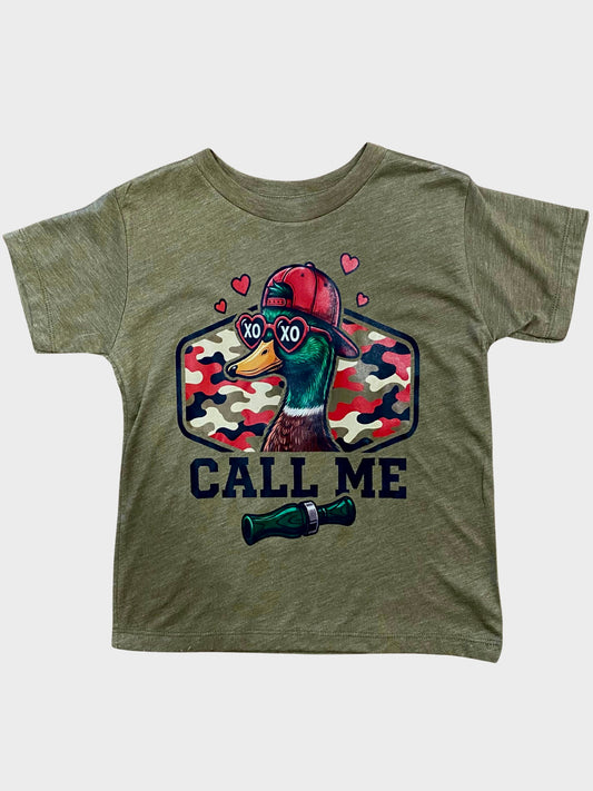 Green t-shirt with a duck graphic with "Call Me" underneath
