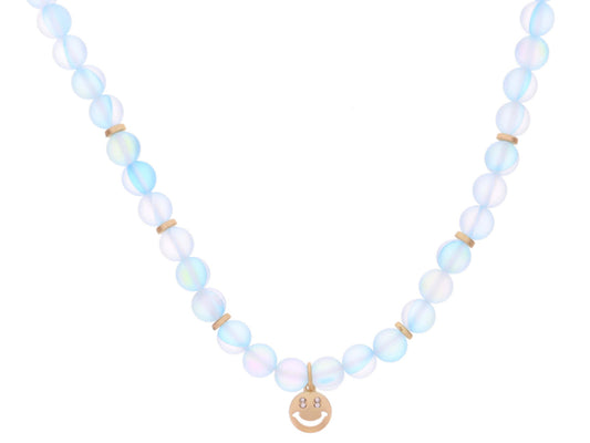 Kids Aqua Opal Beaded with Crystal Eyed Happy Face Disc Necklace