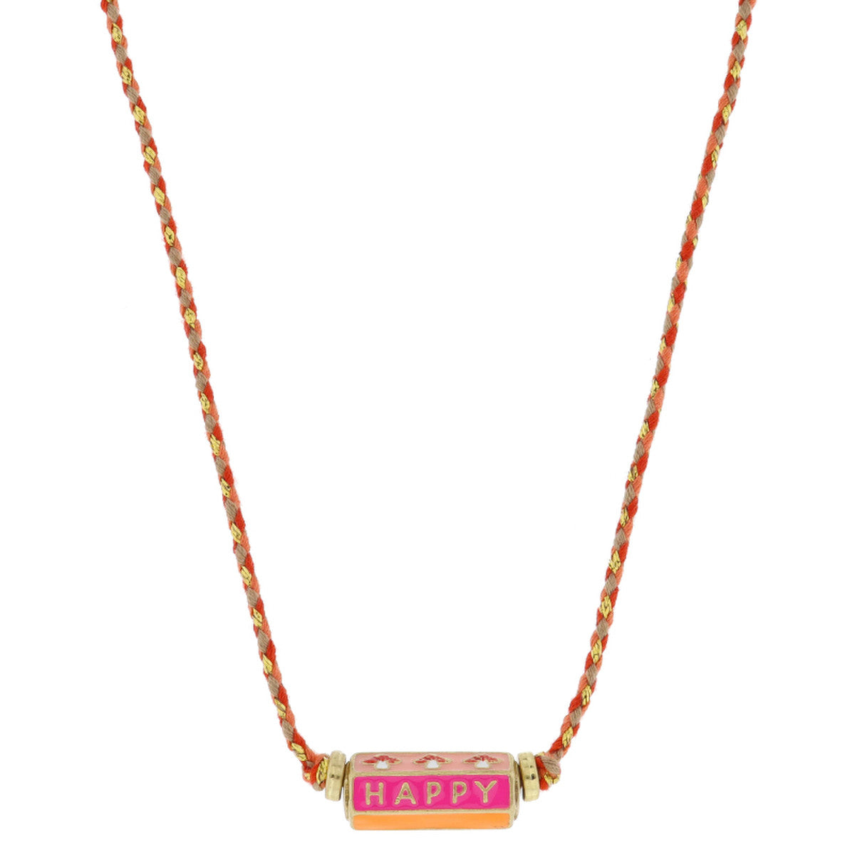 6-Sided Enamel Cylinder Bar, Red Mushrooms, Pink "HAPPY", Orange Necklace