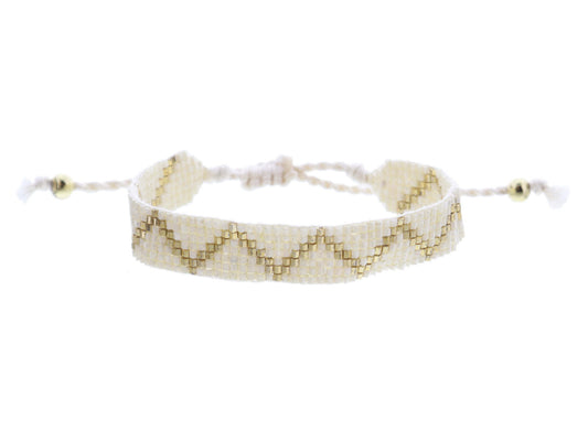 Ivory and Gold Zigzag Woven Beaded Band Bracelet