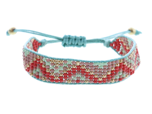 Coral, Dusty Pink, Mint, Gold Woven Beaded Band Bracelet