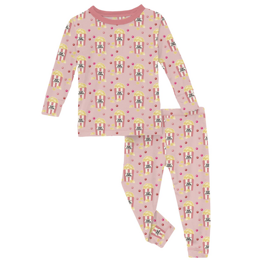 Children's pajama set with pink and yellow popcorn