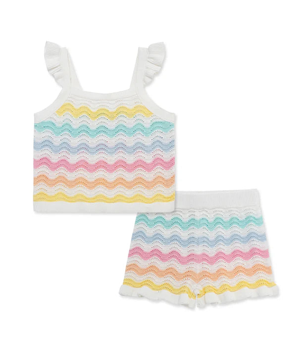 Two colorful children's tops with ruffled straps
