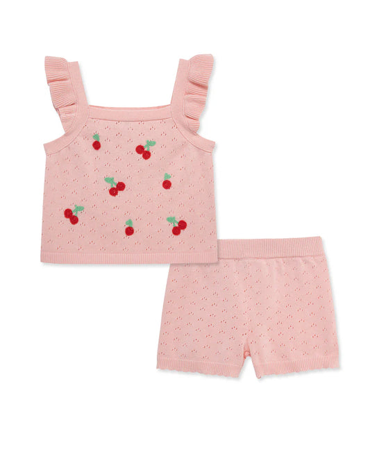 Coral Pointelle Short Set with Cherry Detail