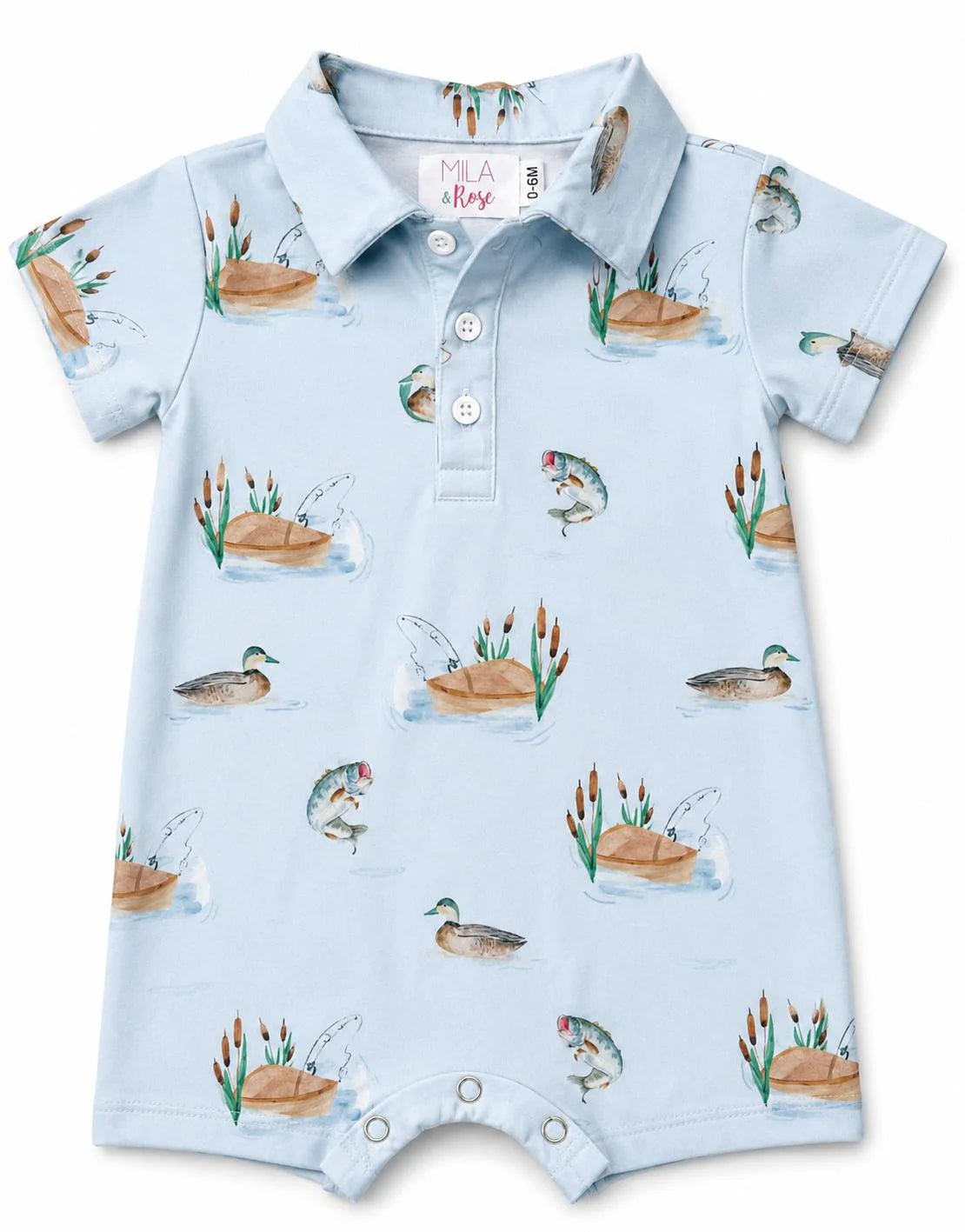 Baby romper with duck and fish pattern. 