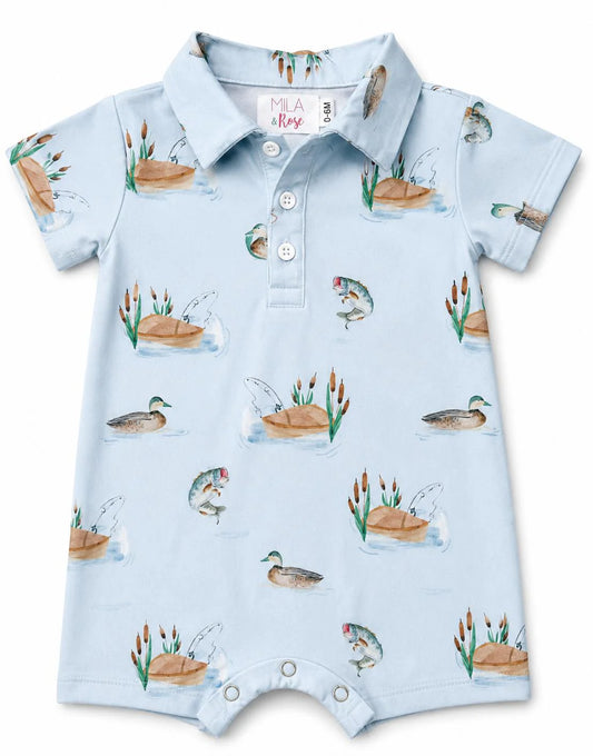 Baby romper with duck and fish pattern. 