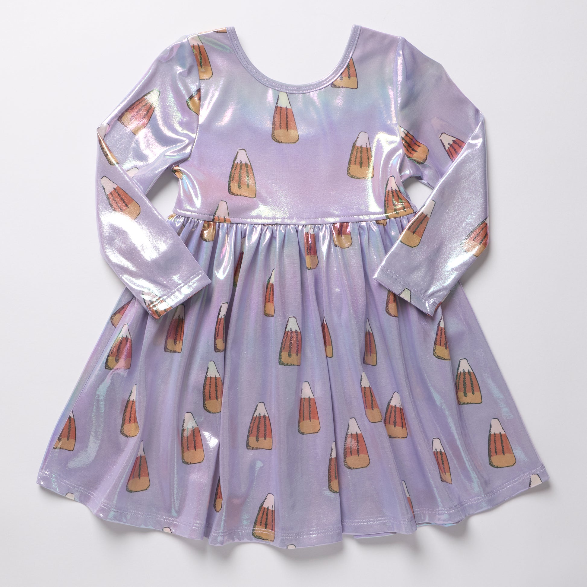 A long-sleeve iridescent lavender dress with an allover candy corn print