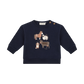 A navy blue long-sleeve baby sweatshirt featuring a colorful graphic of farm animals (horse, sheep, pig, cow) on the chest, with two brown buttons on the collar, shown against a plain white background.