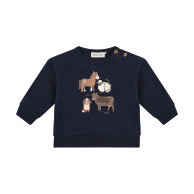 A navy blue long-sleeve baby sweatshirt featuring a colorful graphic of farm animals (horse, sheep, pig, cow) on the chest, with two brown buttons on the collar, shown against a plain white background.