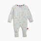 Baby onesie with colorful patterns on stripe pajamas