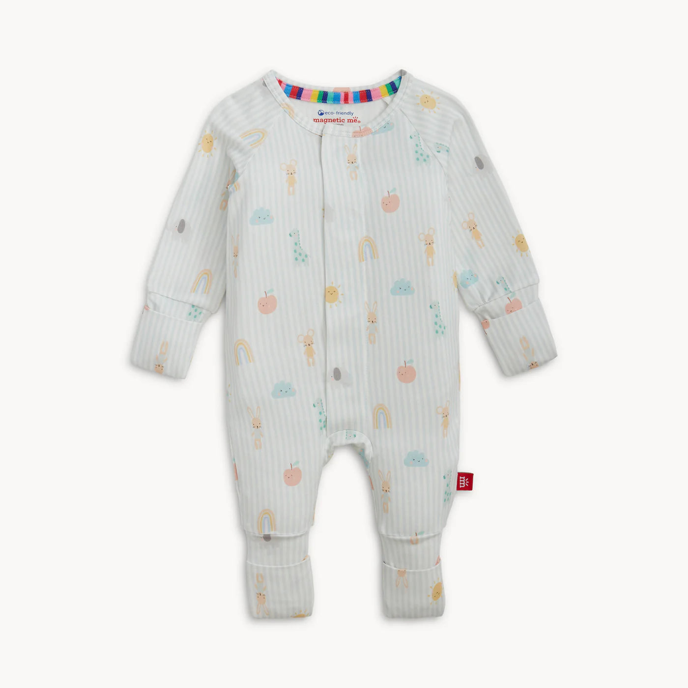 Baby onesie with colorful patterns on stripe pajamas