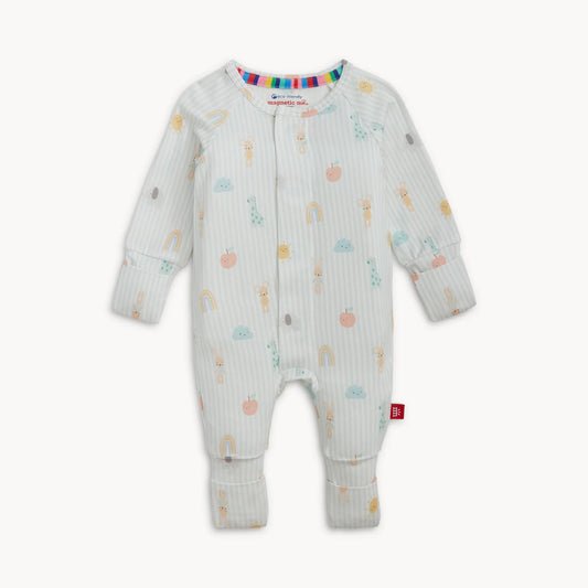 Baby onesie with colorful patterns on stripe pajamas